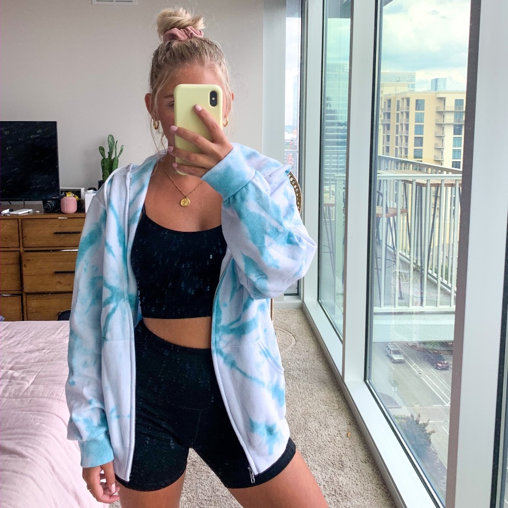 Blue spiral hand-dyed zip up hoodie